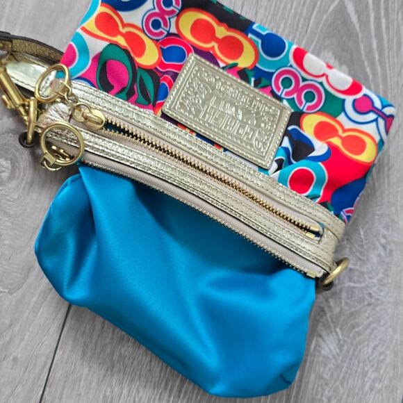 Coach Poppy Glam Op Art Colorful Wristlet Purse Clutch Metallic Gold - Picture 8 of 16